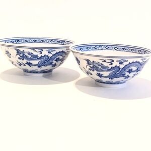 Pair of Vintage Blue on White Dragon Theme Asian Rice Bowls